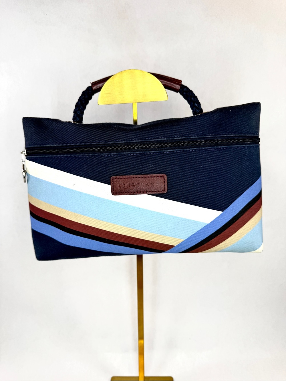 Longchamp Paris Navy Canvas Travel Toiletry Cosmetic Zip Pouch Bag - France